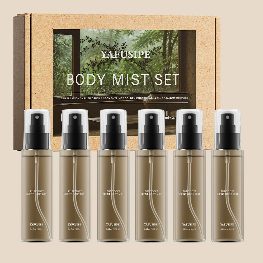 YAFUSIPE Skincare Body Mist Gift Set for Women & Men (6 x 3.4 fl oz / 100ml) – Long Lasting Refreshing Fragrance Body Spray Discovery Kit with 6 Signature Scents for Body, Hair, Clothes & Daily Wear