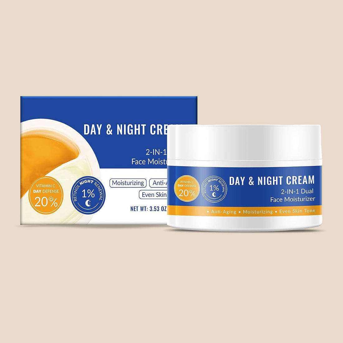 YAFUSIPE 20% Vitamin C Cream and 1% Retinol Cream for Face, 1.76OZ Day & 1.76OZ Night Facial Moisturizer Daily Face Moisturizer for Women Men
