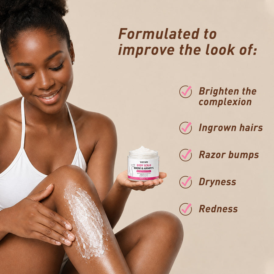 YAFUSIPE Bikini Area Exfoliator with AHA，BHA ，Nicotinamide& Vitamin C, Exfoliating Body Scrub for Ingrown Hair and Underarm Bumps, Dark Spots, Moisturize Brighten Soothe & Even Skin Tone, Sensitive Skin Safe, 7.76 oz