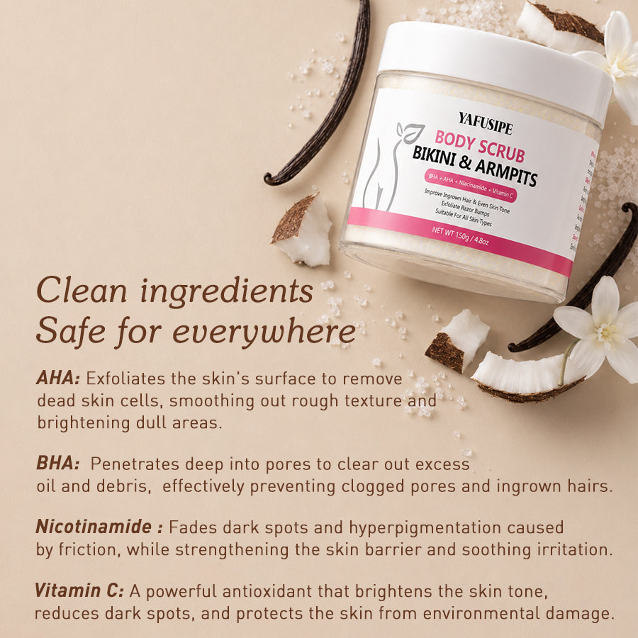 YAFUSIPE Bikini Area Exfoliator with AHA，BHA ，Nicotinamide& Vitamin C, Exfoliating Body Scrub for Ingrown Hair and Underarm Bumps, Dark Spots, Moisturize Brighten Soothe & Even Skin Tone, Sensitive Skin Safe, 7.76 oz