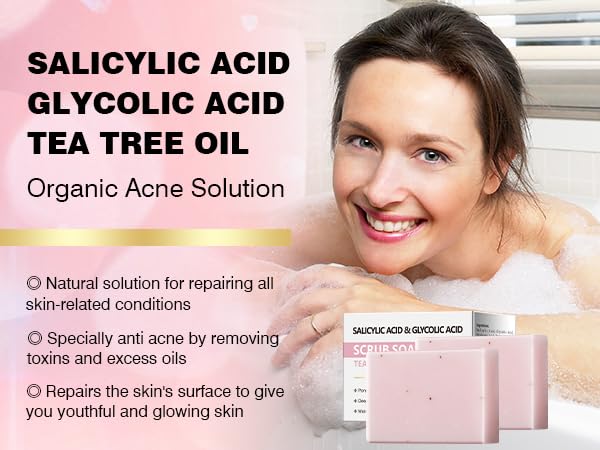 Salicylic Acid Scrub Soap, Face Bath Soap Bar with Glycolic Acid Tea Tree, Exfoliating Face Body Wash for Women & Men Anti-blemish Acne Strawberry Legs Ingrown Hair Keratosis Pilaris 200g/7OZ