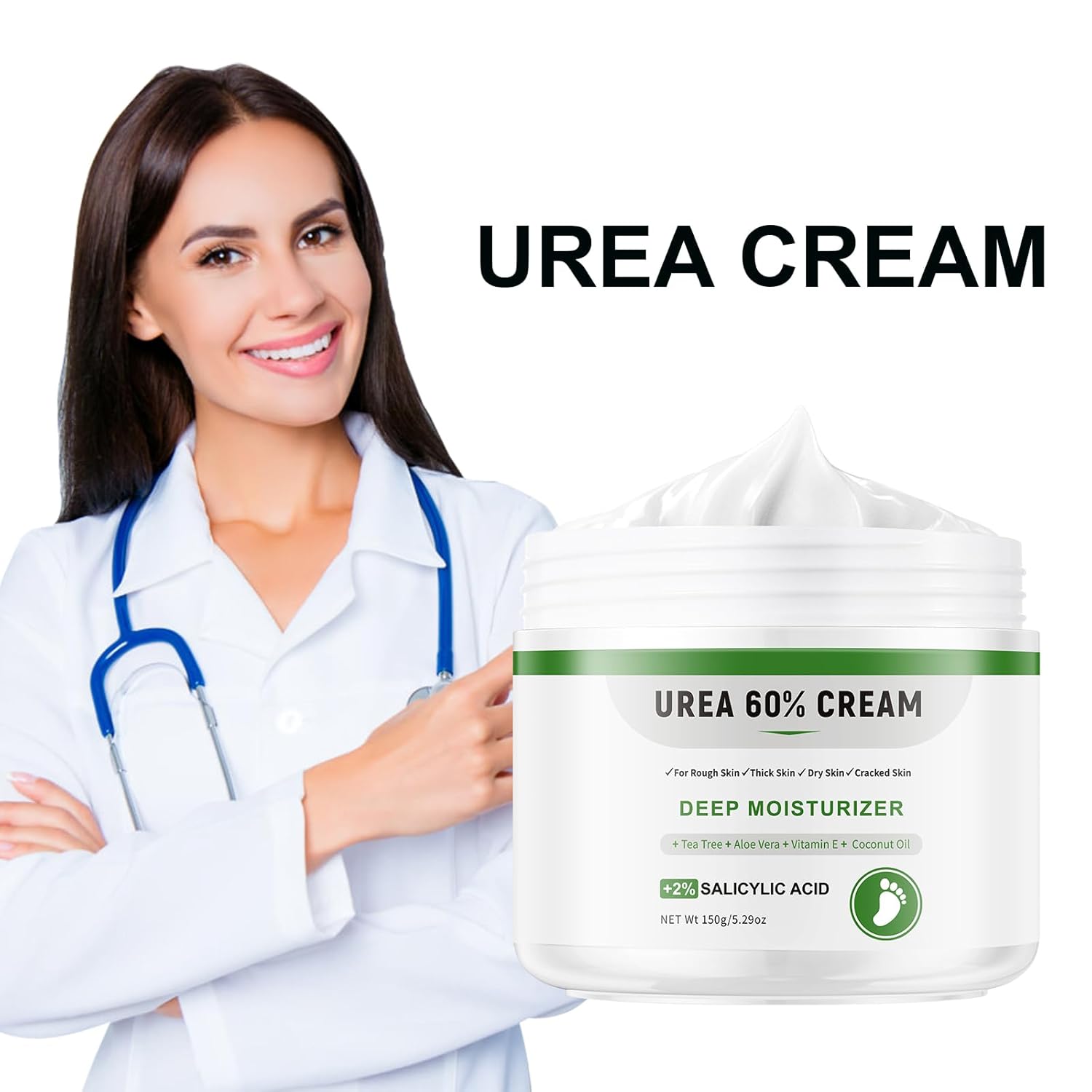 Urea Cream 60 Percent For Feet Maximum Strength Plus Salicylic Acid 2%, Tea Tree Foot Lotion For Dry Feet, Foot Cream Intensive Repair Foot Moisturizer 5.29oz