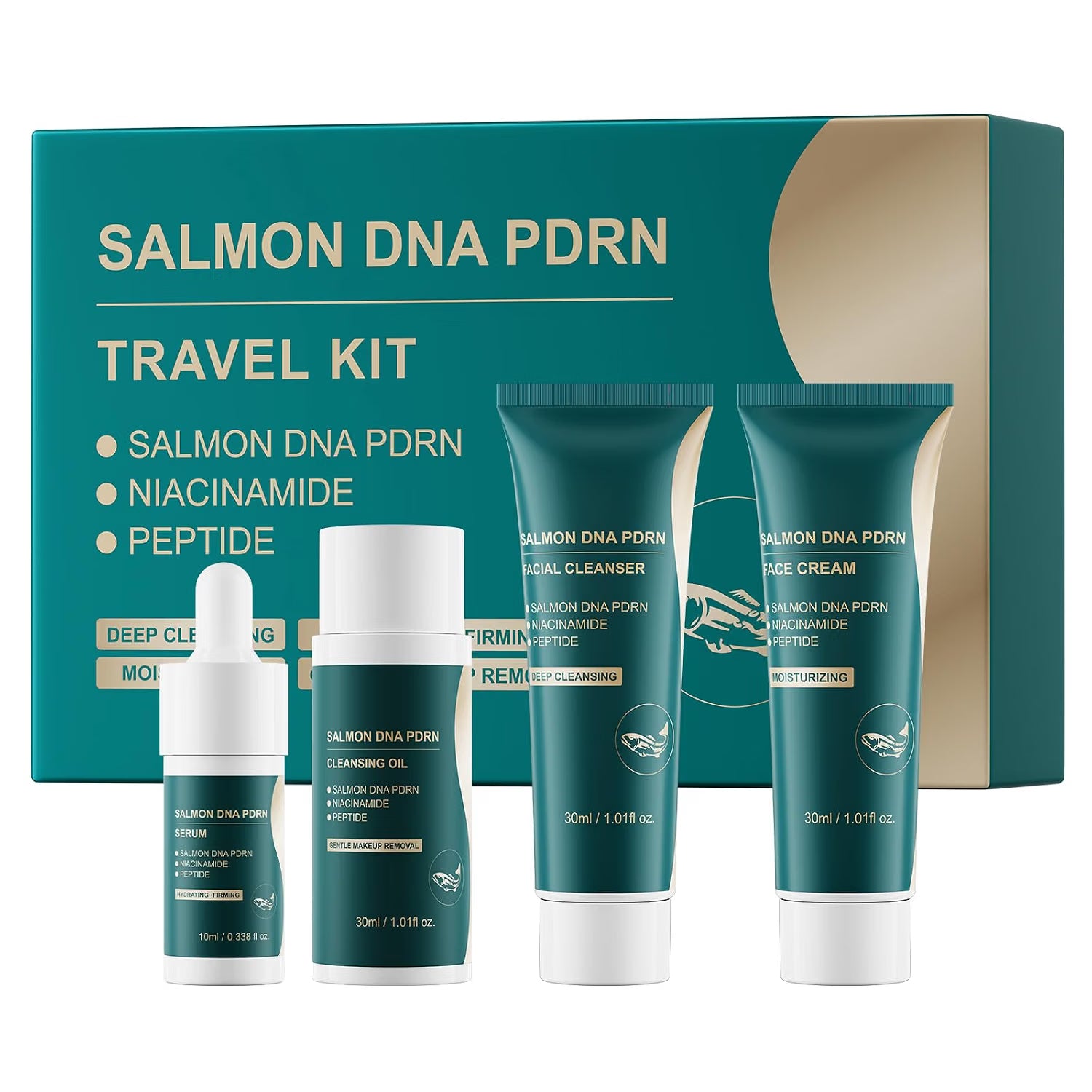YAFUSIPE PDRN Travel Skin Care Set: Anti-Aging Salmon DNA Kit with Cleansing Oil, Facial Cleanser, PDRN Serum & Cream | Travel Essentials for Women with Aging Skin
