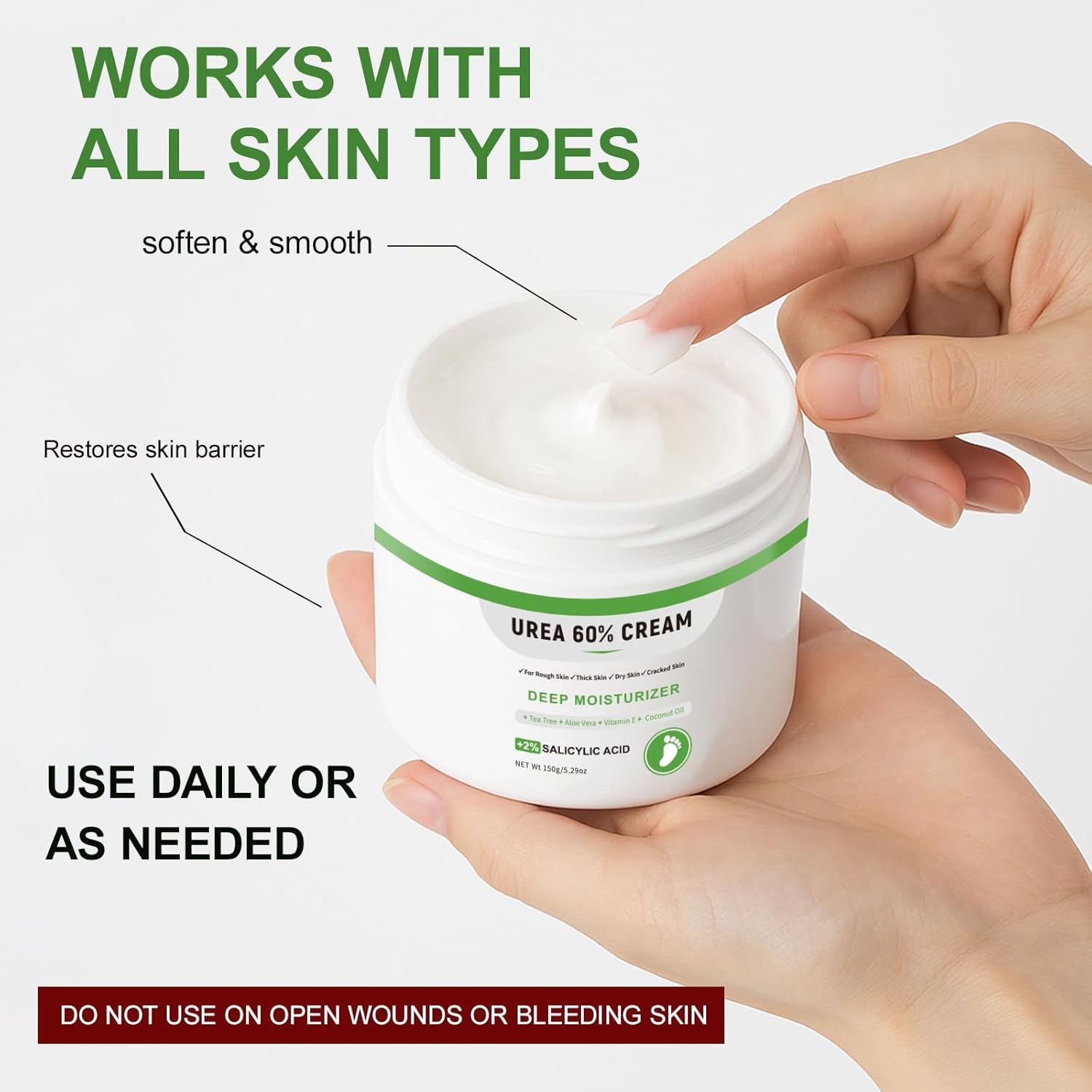 Urea Cream 60 Percent For Feet Maximum Strength Plus Salicylic Acid 2%, Tea Tree Foot Lotion For Dry Feet, Foot Cream Intensive Repair Foot Moisturizer 5.29oz