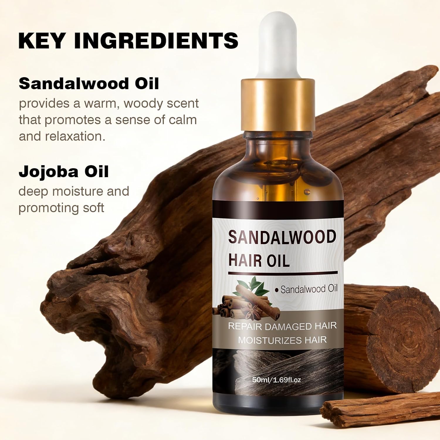 Sandalwood Hair Oil for Hair Growth & Repair Dry Frizzy Damaged Hair Treatment with Scalp Oils Body Massage Oil Split Ends & Anti-Frizz Hair, Calming Oil for Yoga Meditation Ritual 1.69 Fl Oz