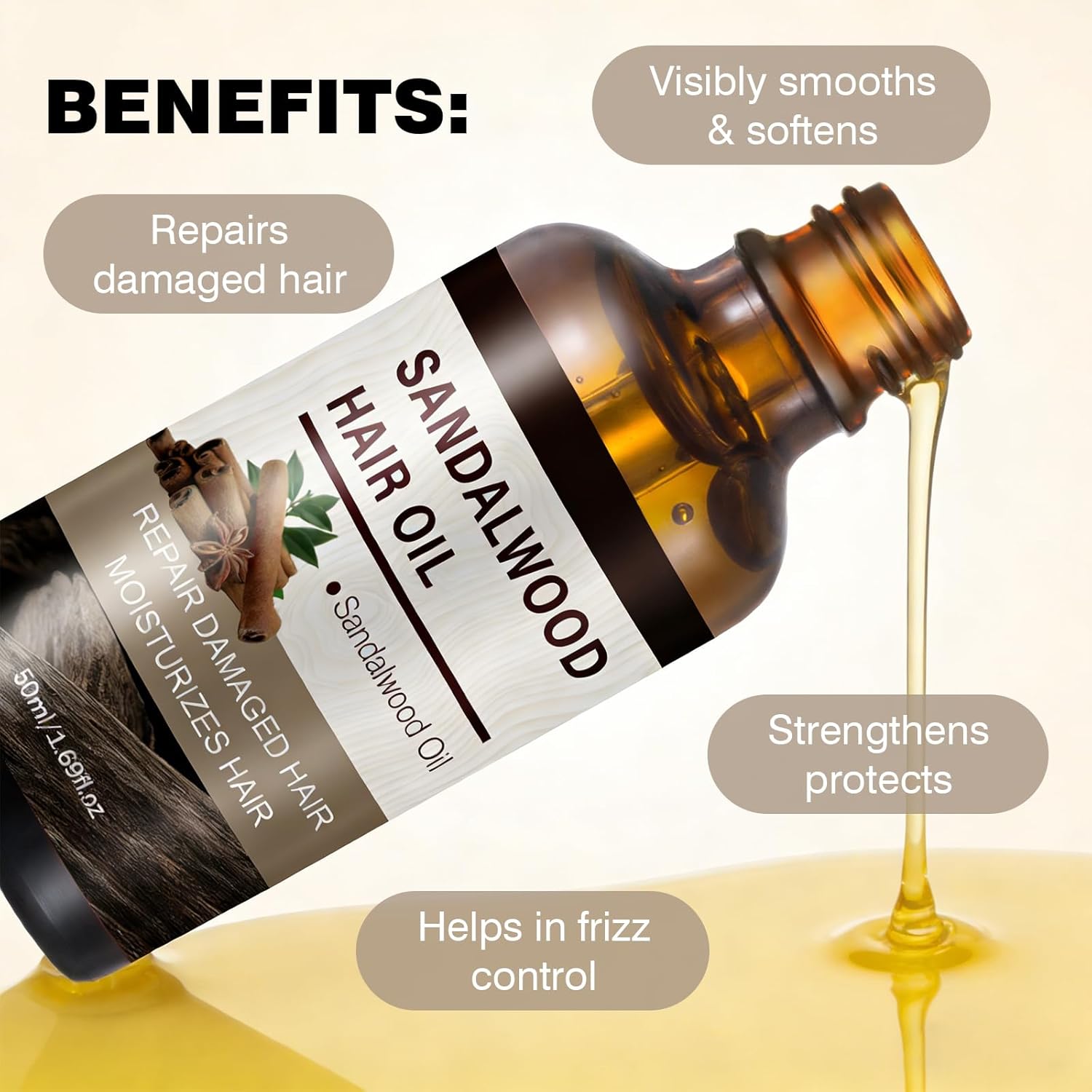 Sandalwood Hair Oil for Hair Growth & Repair Dry Frizzy Damaged Hair Treatment with Scalp Oils Body Massage Oil Split Ends & Anti-Frizz Hair, Calming Oil for Yoga Meditation Ritual 1.69 Fl Oz