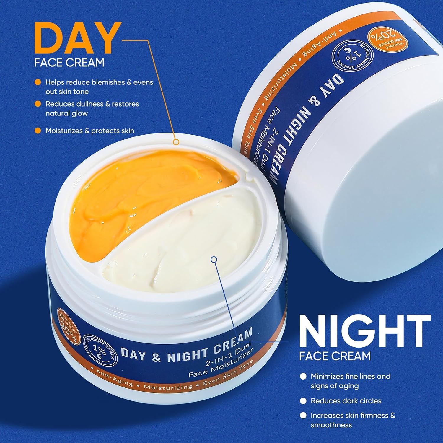 YAFUSIPE 20% Vitamin C Cream and 1% Retinol Cream for Face, 1.76OZ Day & 1.76OZ Night Facial Moisturizer Daily Face Moisturizer for Women Men
