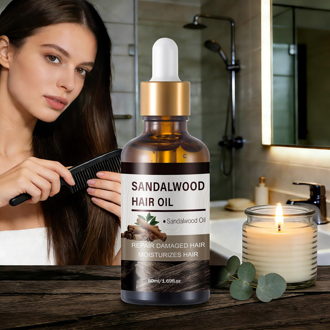 Sandalwood Hair Oil for Hair Growth & Repair Dry Frizzy Damaged Hair Treatment with Scalp Oils Body Massage Oil Split Ends & Anti-Frizz Hair, Calming Oil for Yoga Meditation Ritual 1.69 Fl Oz